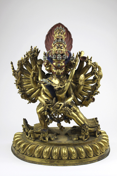 19th century Tibeto-Chinese gilt bronze and cold painted statue of ...