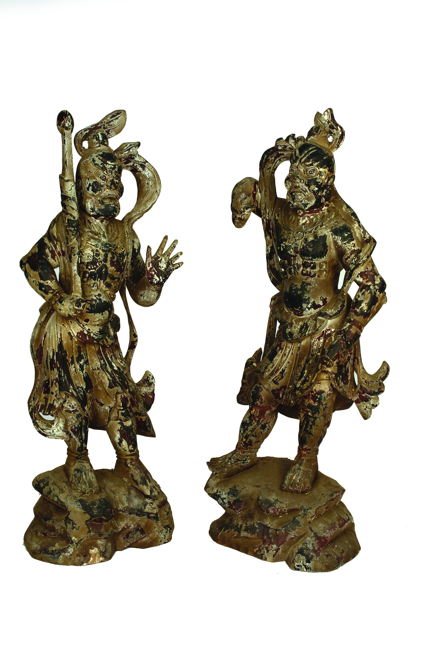 A pair of Japanese carved and lacquered wood temple guardian figures ...