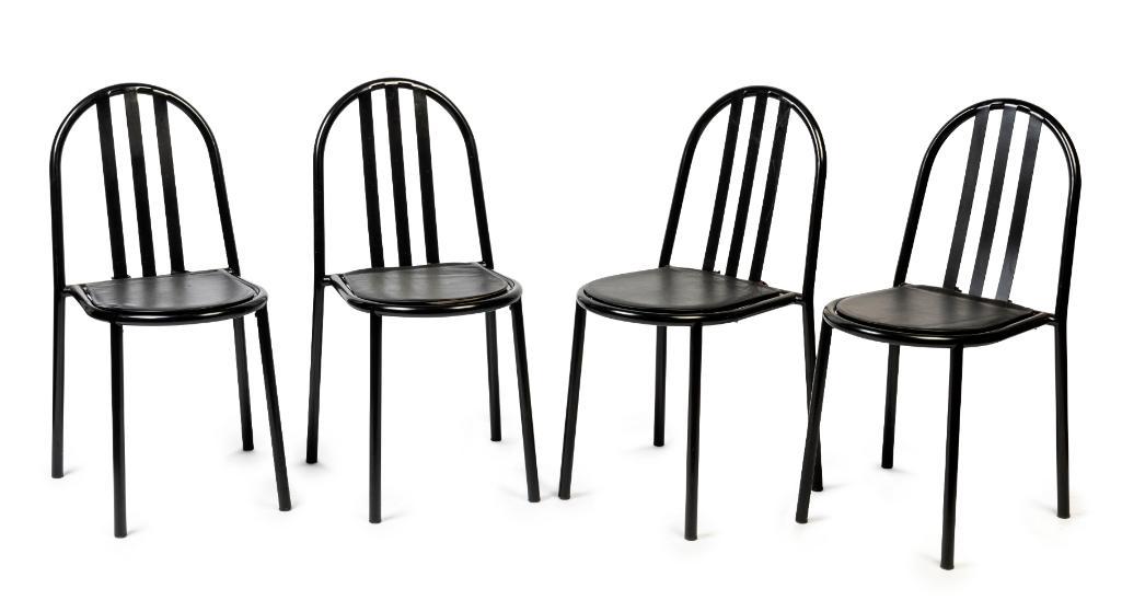 A set of four French modernist black metal dining chairs, designed by ...