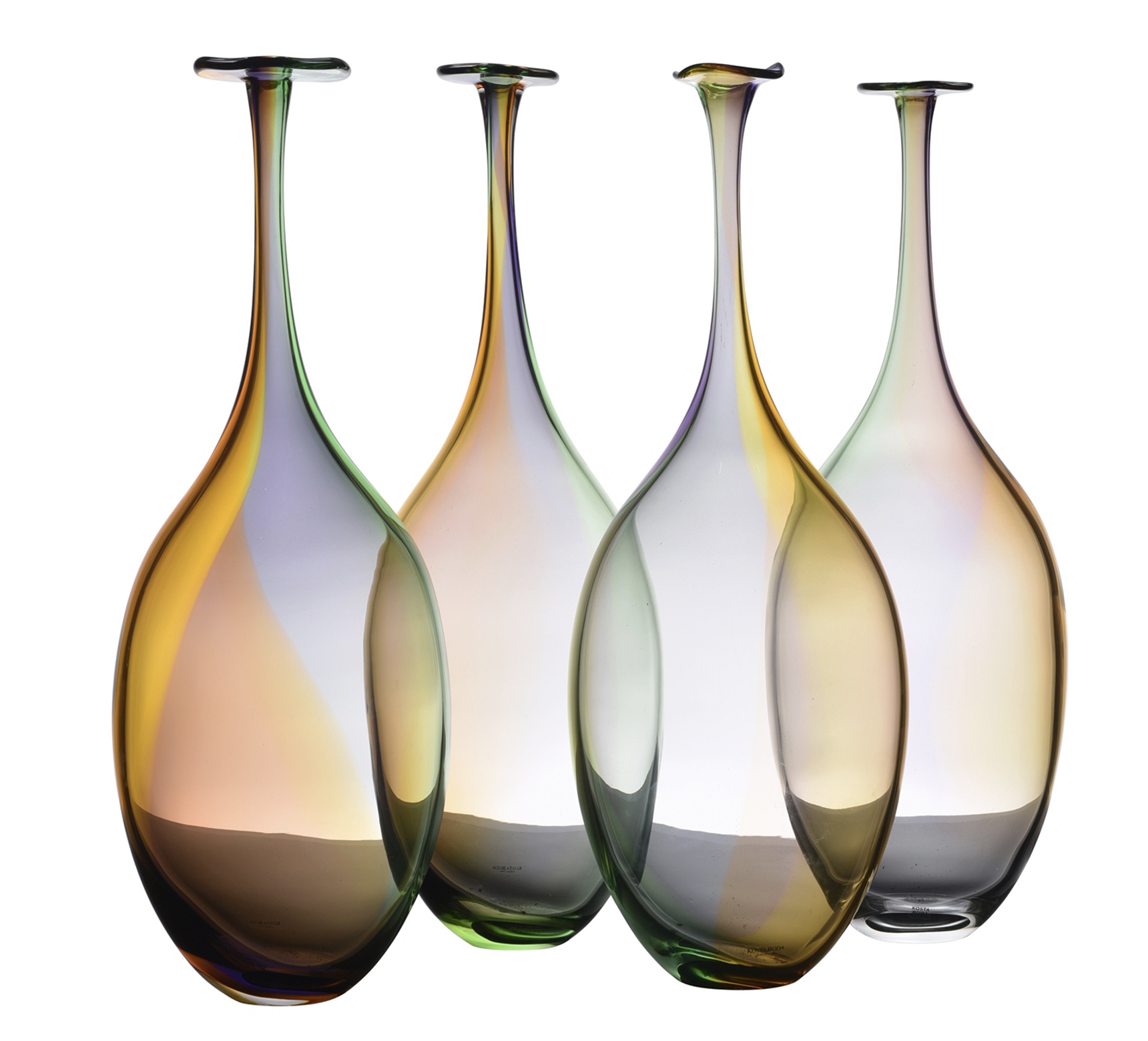 A Set Of Four Kosta Boda Fidji Glass Bottle Vases By Kjell Engman