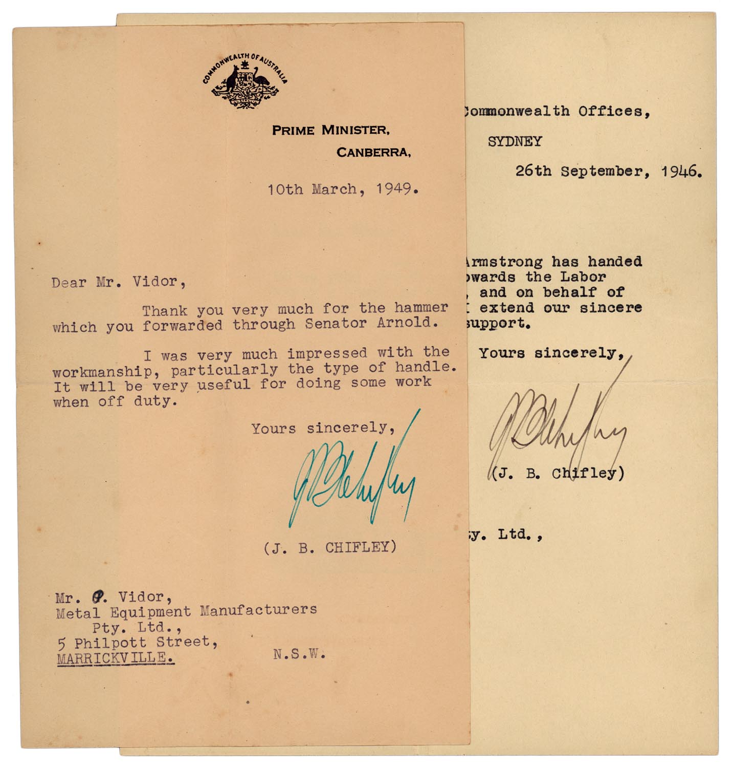 Autograph - BEN CHIFLEY (1885-1951, (16th Prime Minister of Australia ...