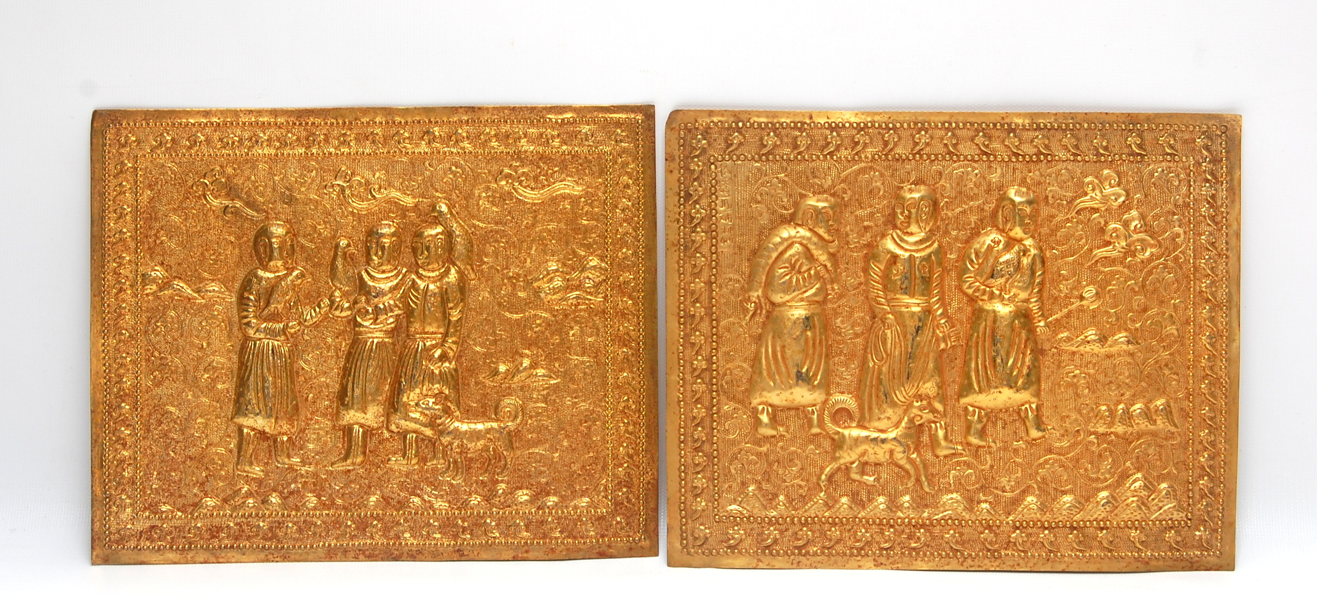 Two Chinese Rectangular Repoussé Gold Plated Metal Plaques with figures ...