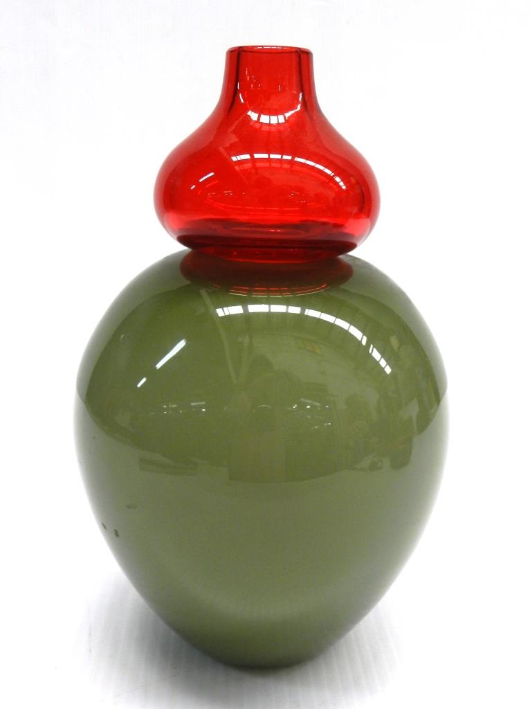 An Art Glass Olive Green & Red Gourd Shaped Vase - Theodore Bruce ...