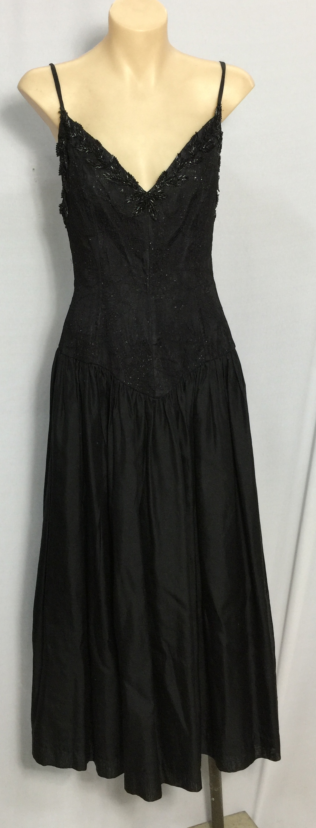 A Prue Acton Vintage Black Shoestring Strap Evening Dress, Net & Bead ...