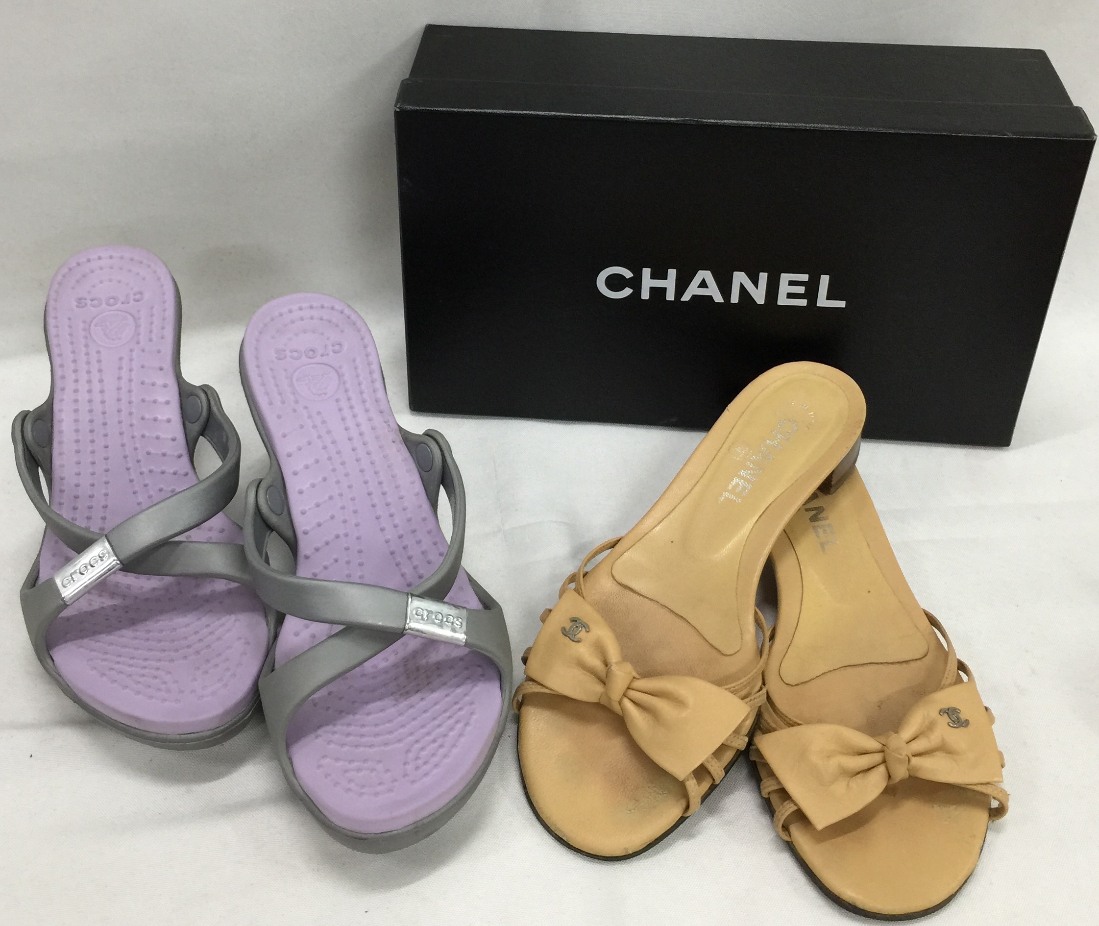 A Pair of Chanel Beige Slides, with Bow Detail + A Pair of Mauve High ...