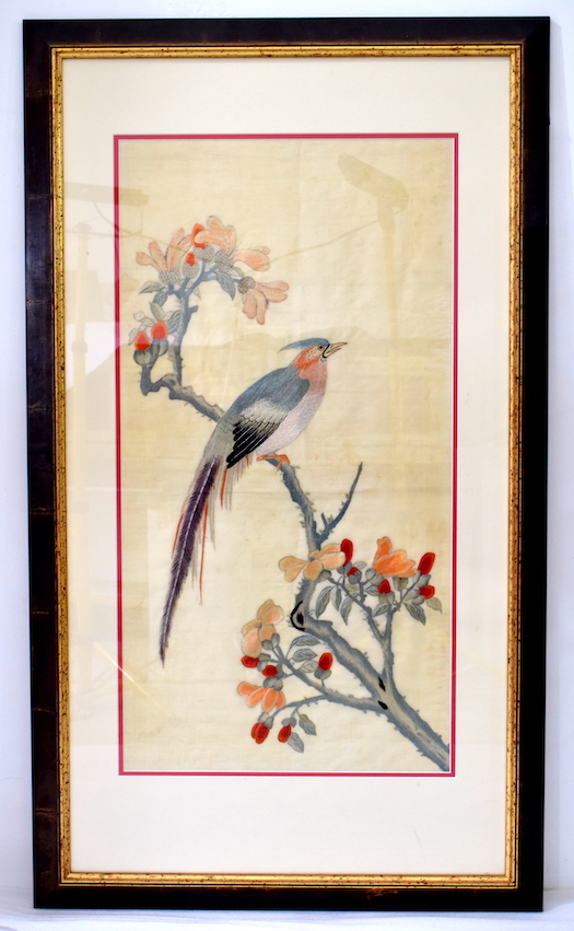 An Embroidery on Silk of a Long Tailed Bird Sitting on a Flowering ...